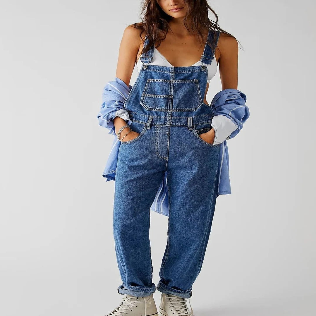 Dungarees with Adjustable Straps and Side Button Closures, Relaxed Full-Length Fit