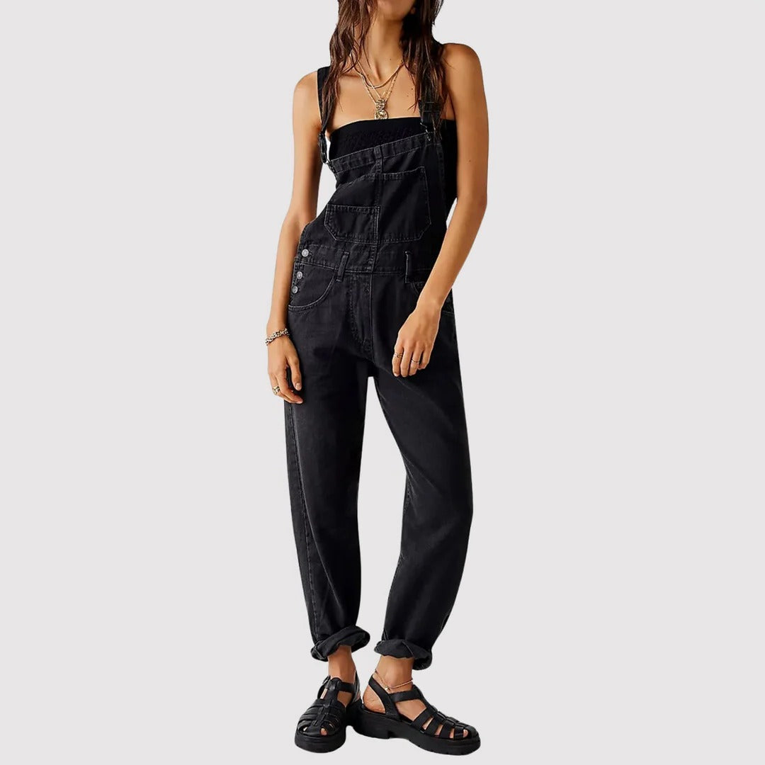 Dungarees with Adjustable Straps and Side Button Closures, Relaxed Full-Length Fit