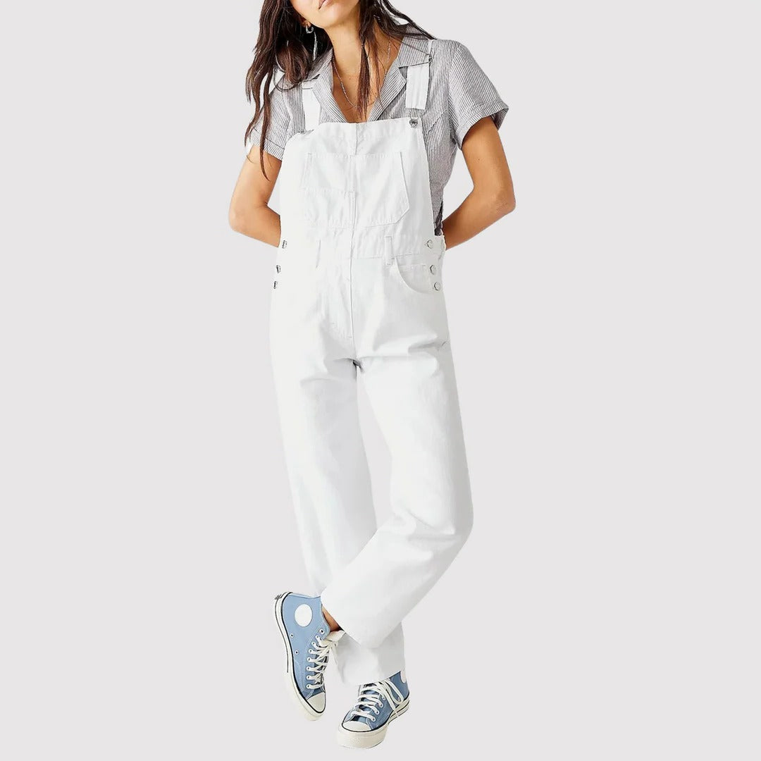 Dungarees with Adjustable Straps and Side Button Closures, Relaxed Full-Length Fit