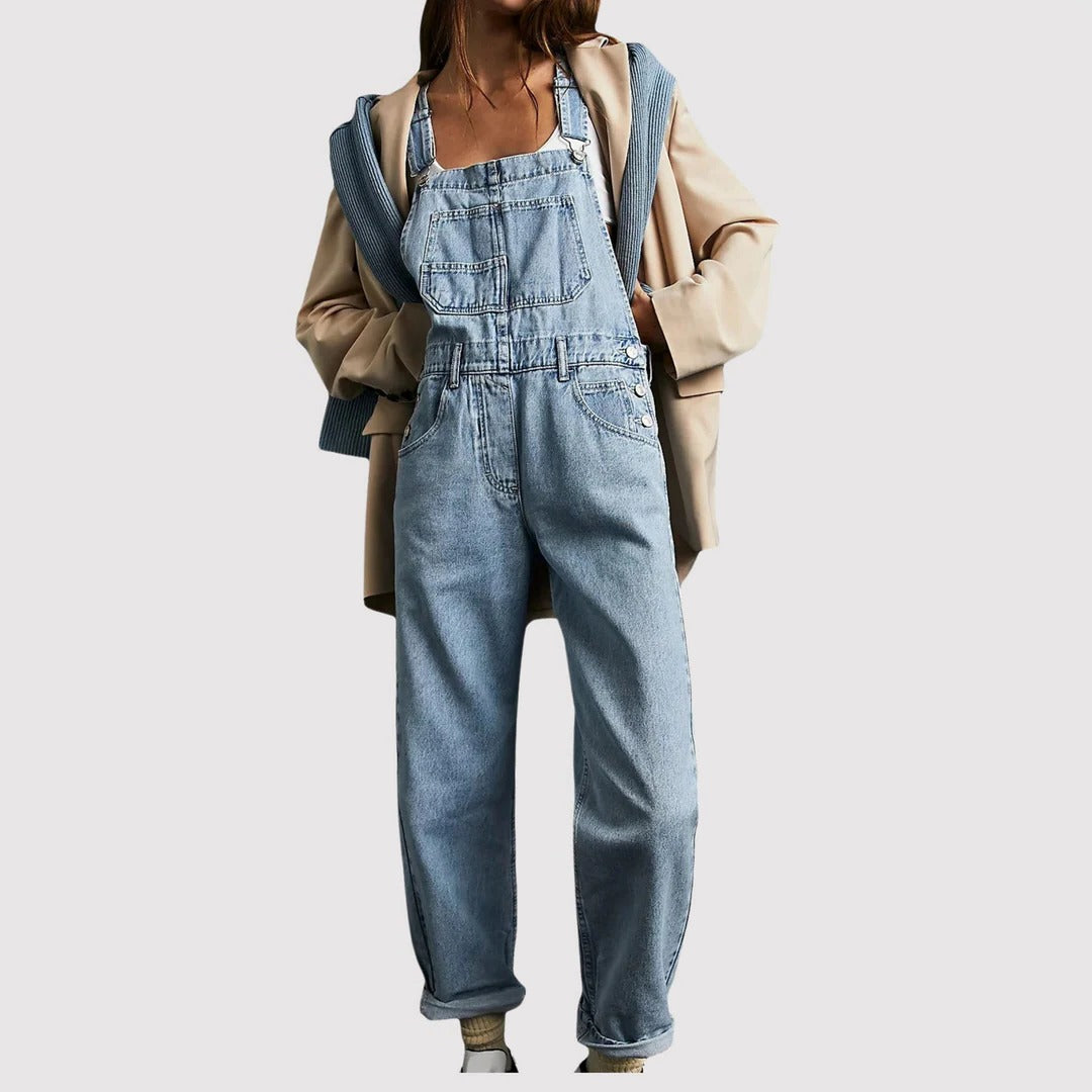 Dungarees with Adjustable Straps and Side Button Closures, Relaxed Full-Length Fit