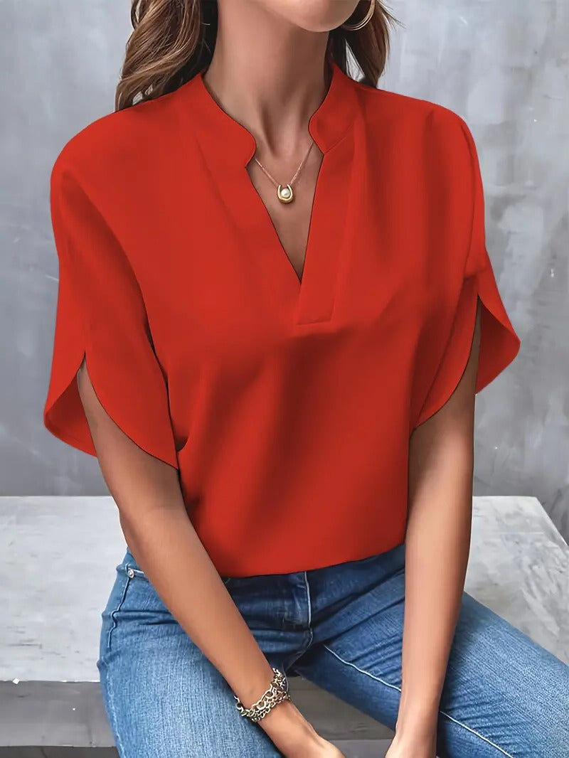 Lightweight Blouse with Structured Shoulders and Button Front, Neutral Tones