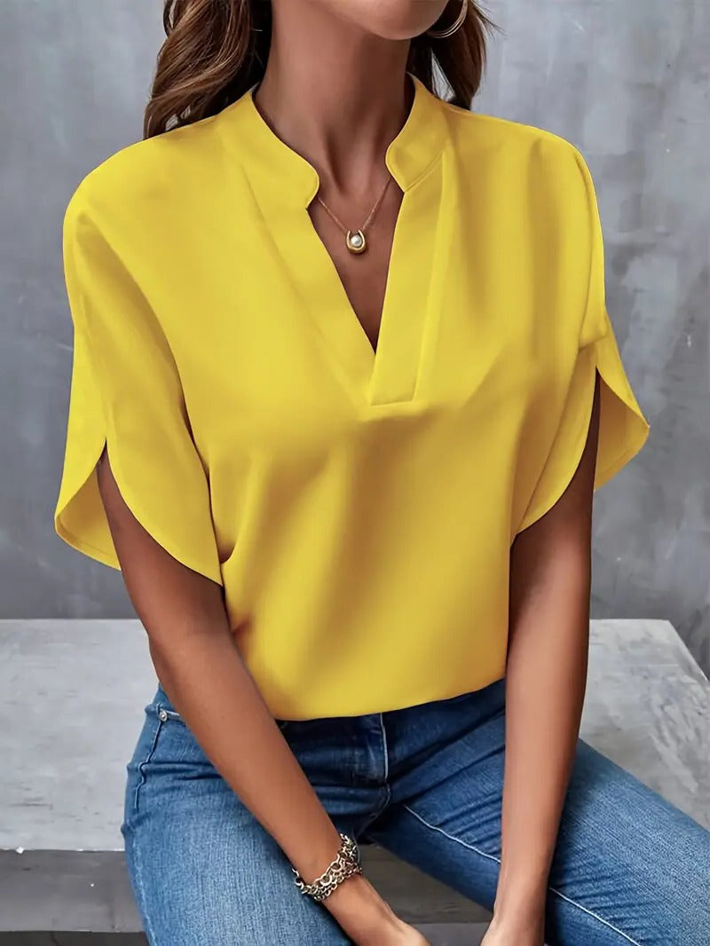 Lightweight Blouse with Structured Shoulders and Button Front, Neutral Tones