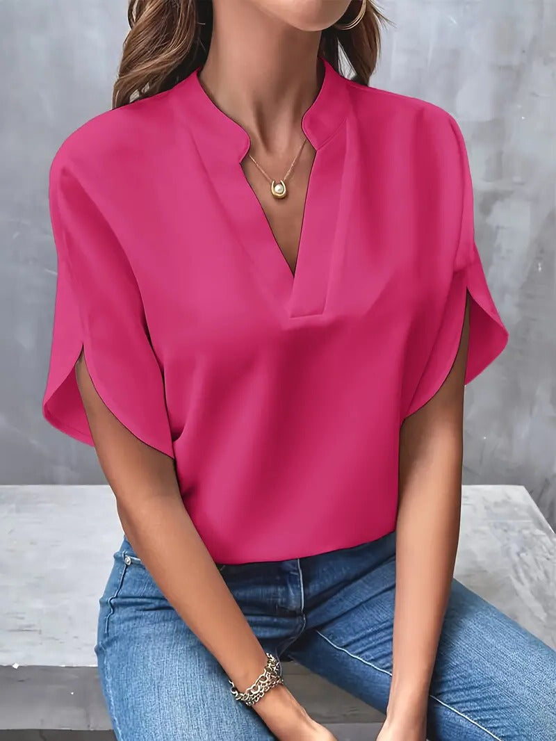 Lightweight Blouse with Structured Shoulders and Button Front, Neutral Tones