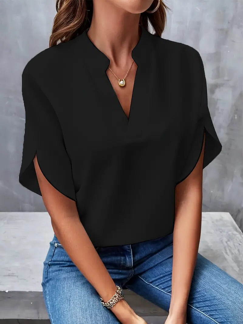 Lightweight Blouse with Structured Shoulders and Button Front, Neutral Tones