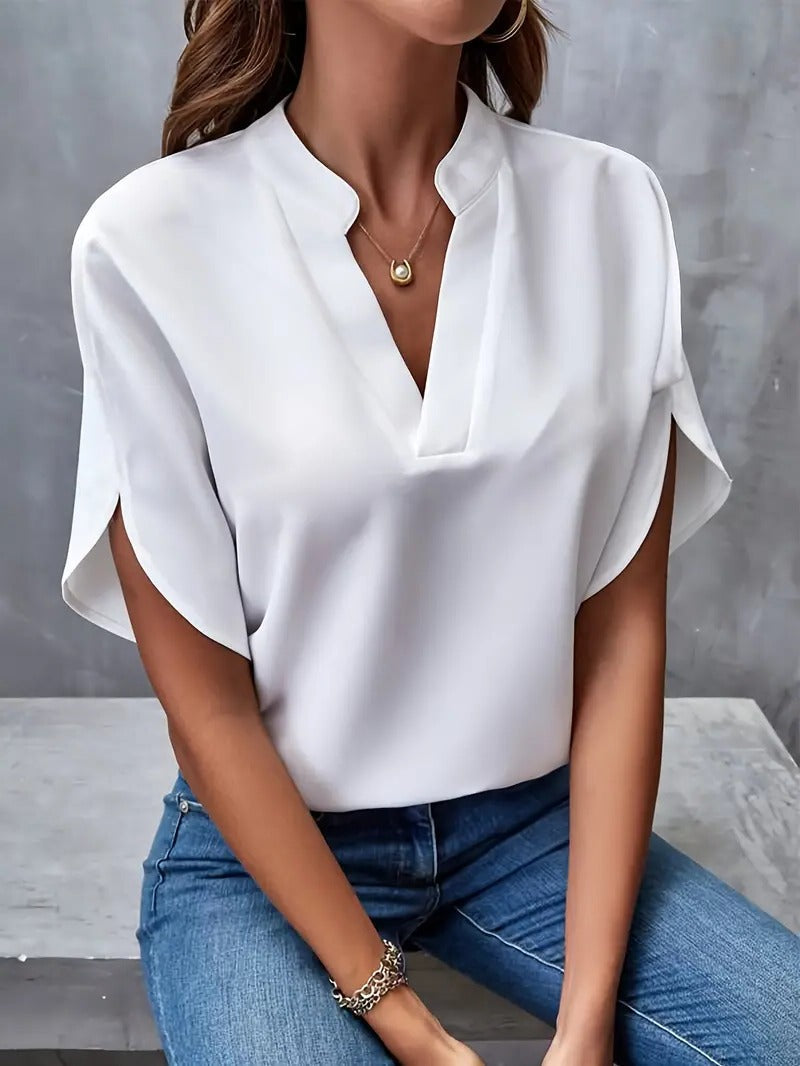 Lightweight Blouse with Structured Shoulders and Button Front, Neutral Tones