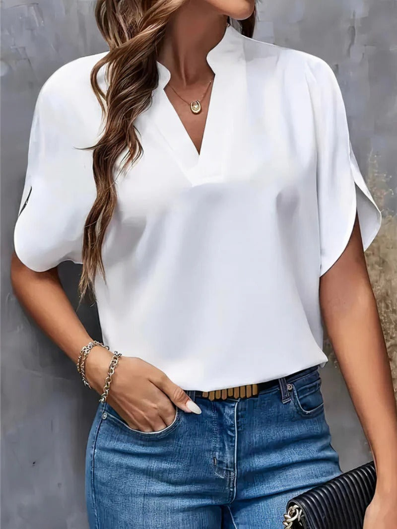 Lightweight Blouse with Structured Shoulders and Button Front, Neutral Tones
