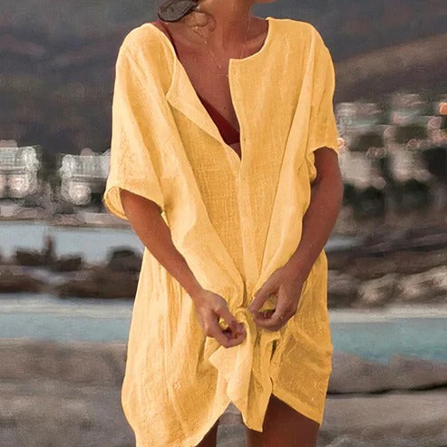 Women's Beach Cover-Up Dress with Button Front and Short Sleeves, Mid-Length Hem