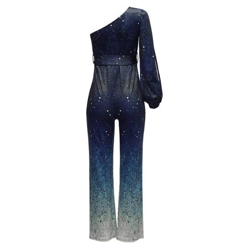 One-Shoulder Jumpsuit with Ombre Flared Legs and Stretch Knit, Relaxed Fit