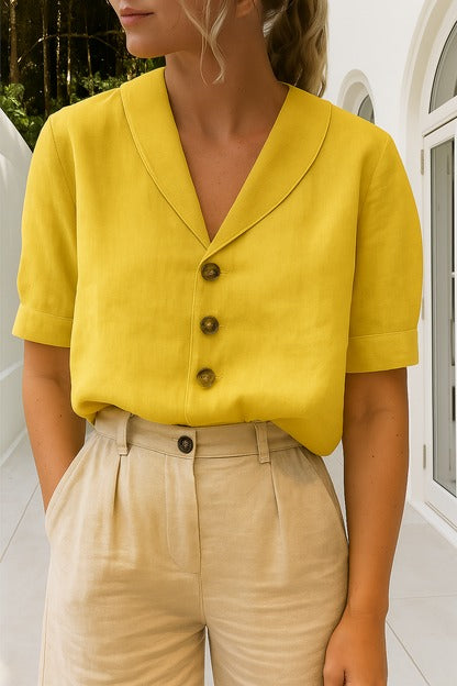 Envelope Neckline T-Shirt for Women with Button Shoulder and Relaxed Fit, Cotton Blend