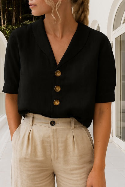 Envelope Neckline T-Shirt for Women with Button Shoulder and Relaxed Fit, Cotton Blend