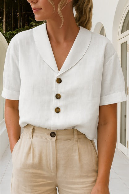 Envelope Neckline T-Shirt for Women with Button Shoulder and Relaxed Fit, Cotton Blend