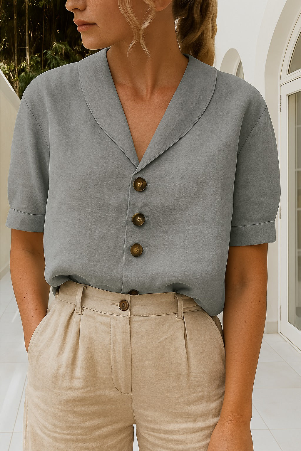 Envelope Neckline T-Shirt for Women with Button Shoulder and Relaxed Fit, Cotton Blend