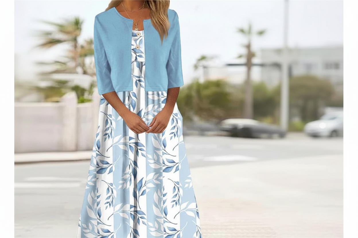 Two-Piece Midi Dress with Cropped Jacket and Half Sleeves, Floral Print