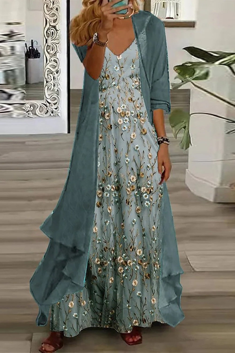 Floral Maxi Dress with V-Neck and Long Sleeves, Lightweight Flowing Silhouette