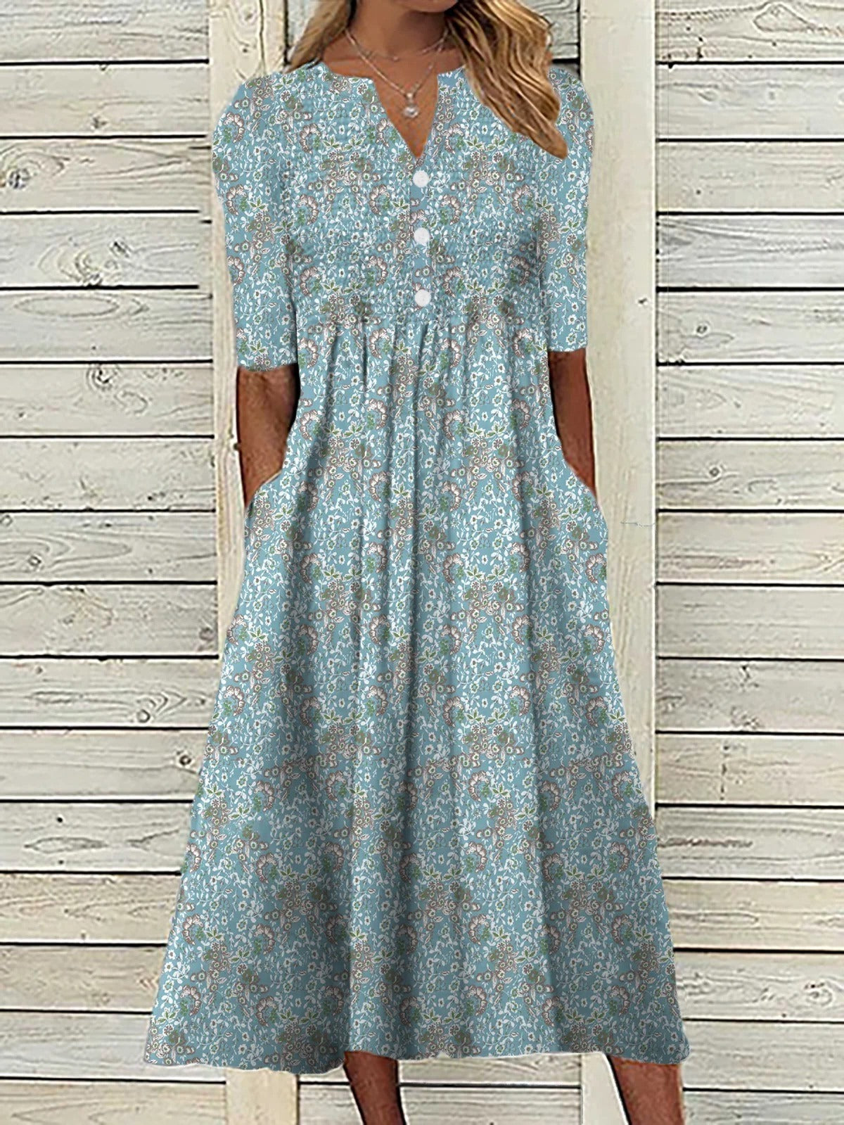 Floral Midi Dress with V-Neck and Half Sleeves, Loose Breathable Midcalf Length