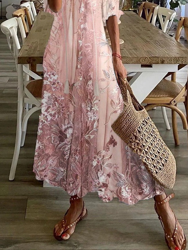 Maxi Dress with Lace Floral Print and V-Neck, Half Sleeves Relaxed Fit