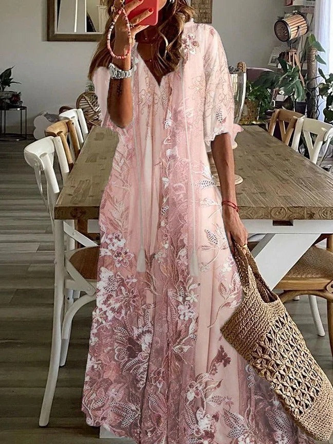 Maxi Dress with Lace Floral Print and V-Neck, Half Sleeves Relaxed Fit