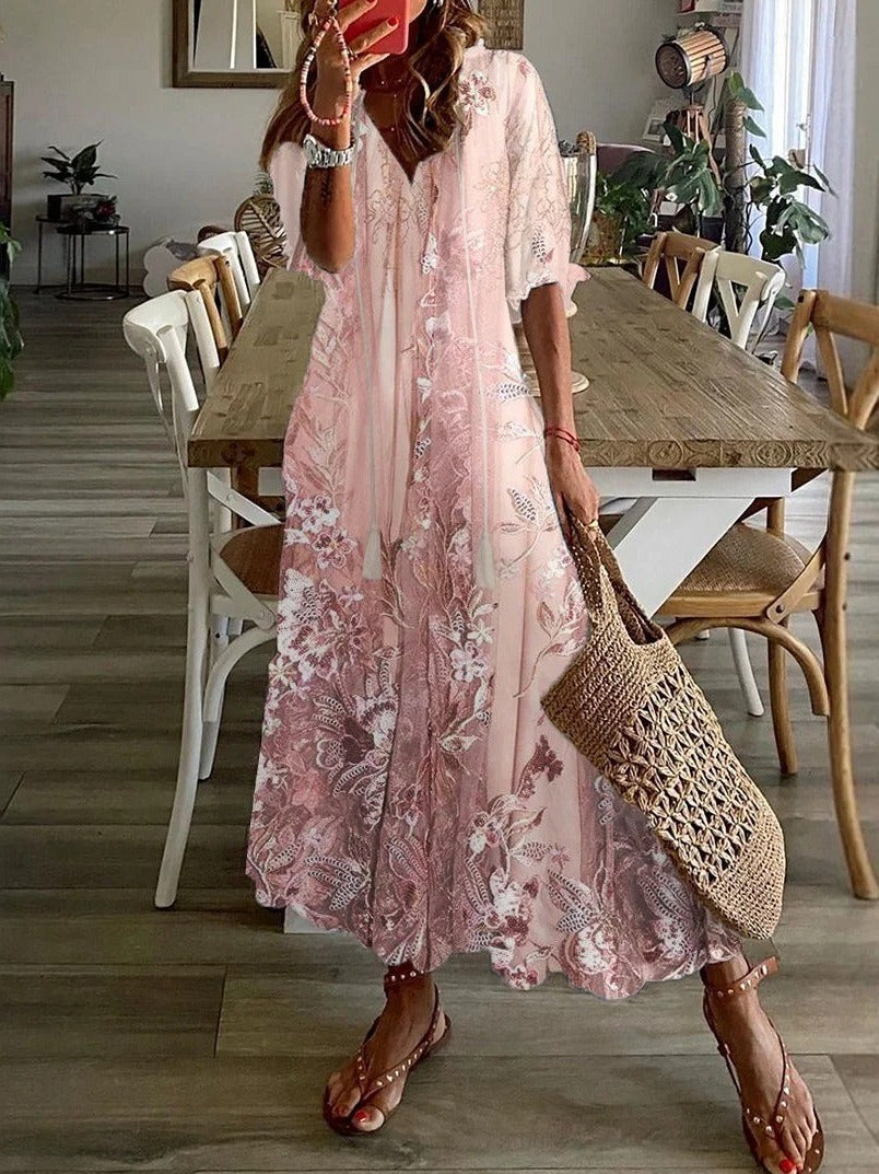 Maxi Dress with Lace Floral Print and V-Neck, Half Sleeves Relaxed Fit