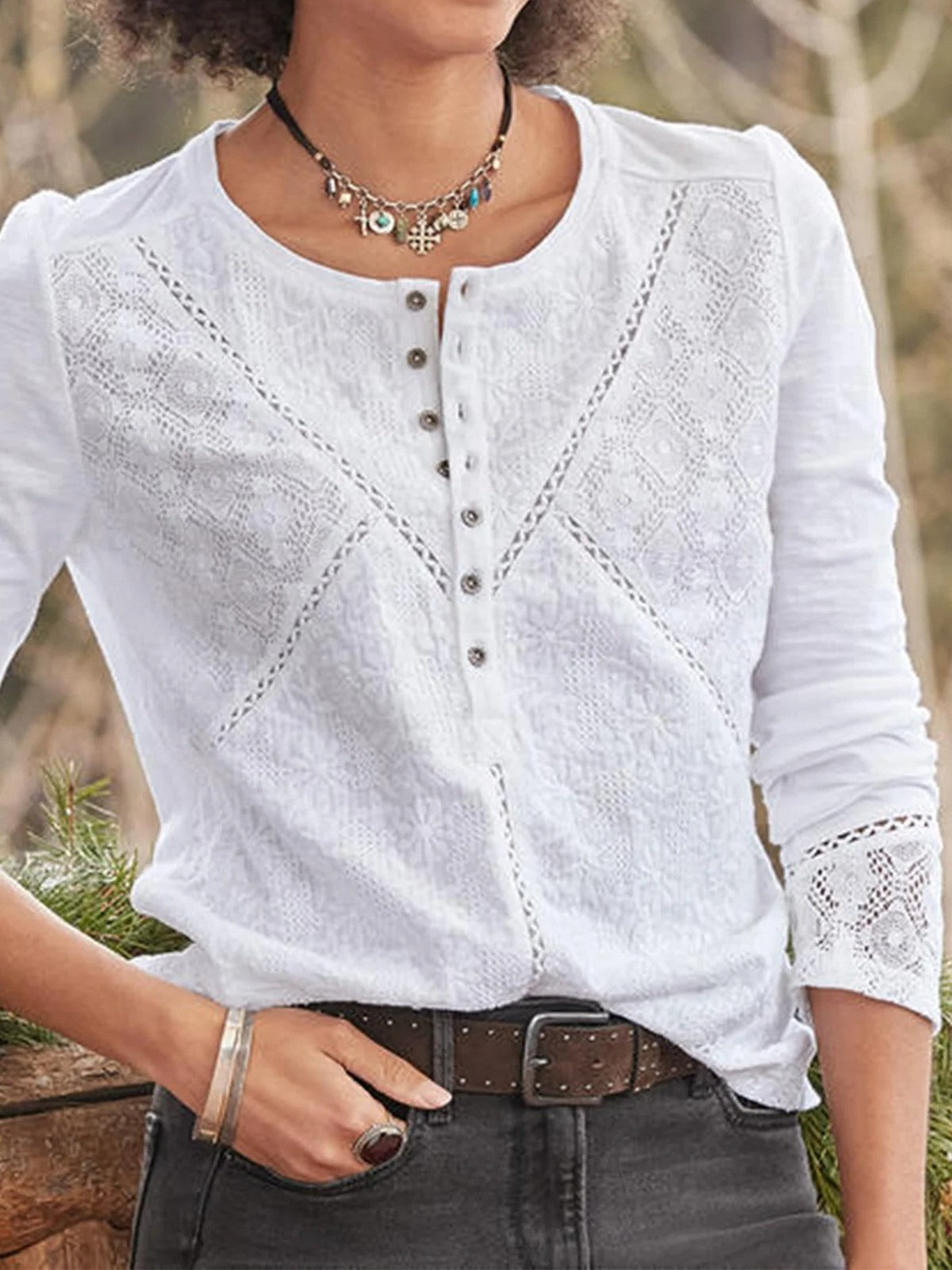 Women's Long Sleeve Lace Top with Crew Neck and Relaxed Fit, Solid Color Options