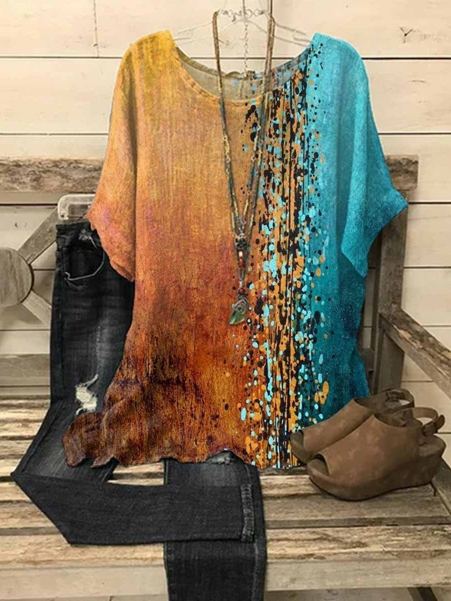 Colorblock Blouse with Half Sleeves and Relaxed Fit, Round Neck Breathable Knit