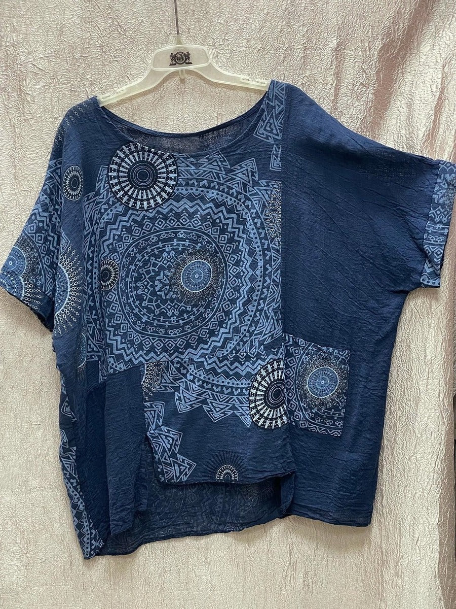Women's Summer Two-Piece Set with Geometric Print and High-Waist Pants, Round Neck Top