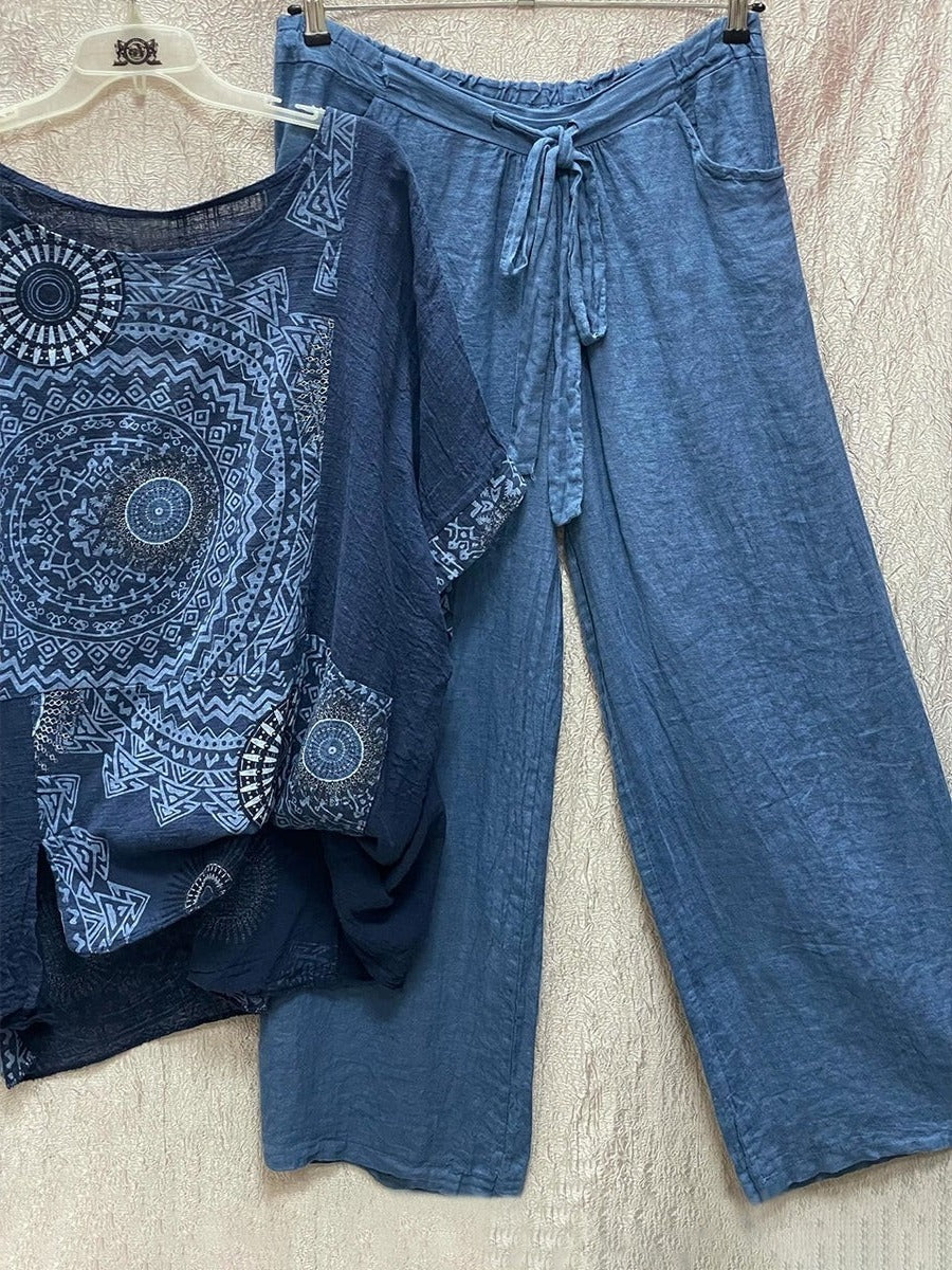 Women's Summer Two-Piece Set with Geometric Print and High-Waist Pants, Round Neck Top