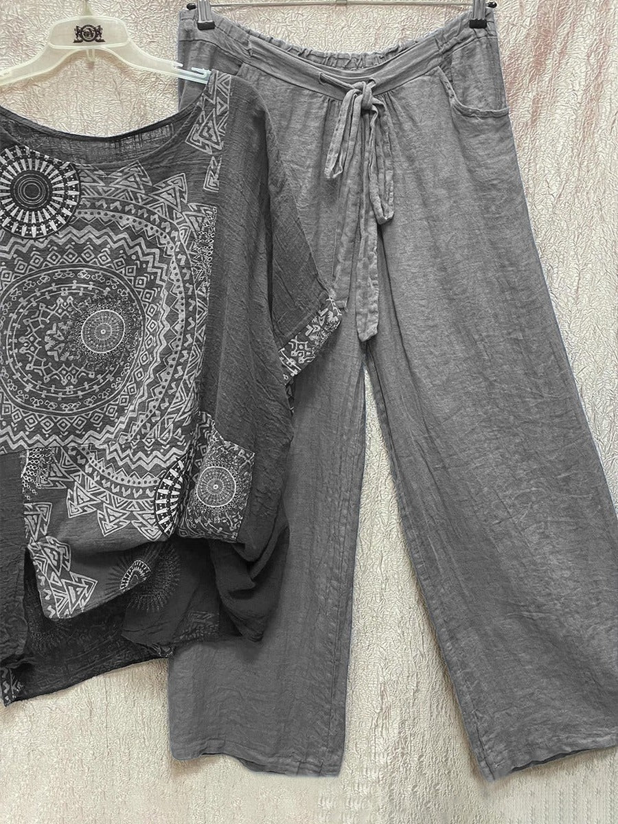Women's Summer Two-Piece Set with Geometric Print and High-Waist Pants, Round Neck Top