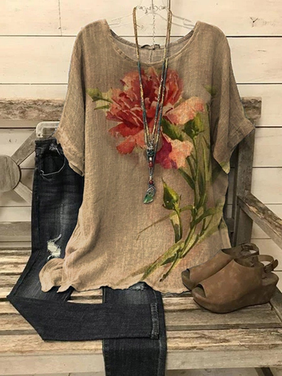 Floral Blouse with Short Sleeves and Relaxed Fit, Round Neck