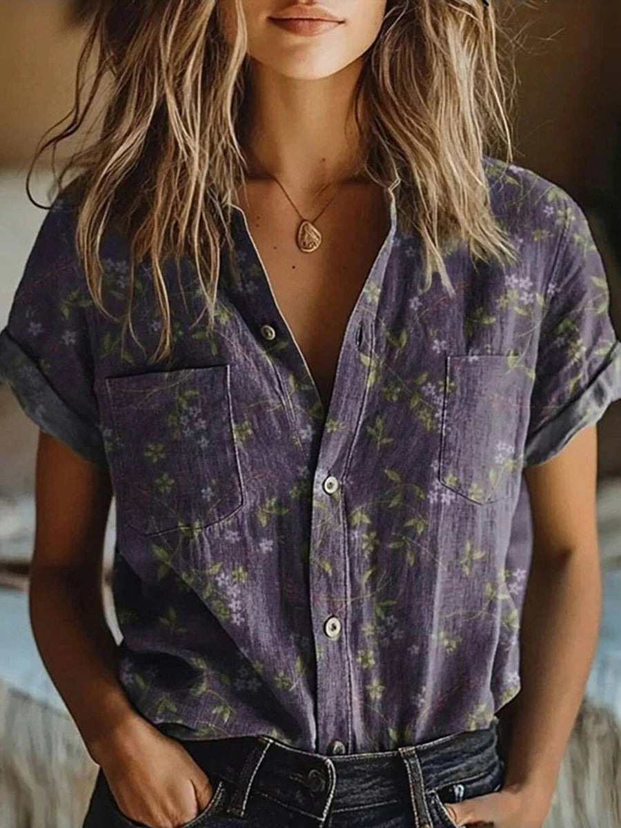 Floral Blouse for Women with Lapel Collar and Short Sleeves, Relaxed Fit