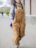 Bib Overalls for Women with Adjustable Buckle Straps and Utility Pockets, Wide Leg