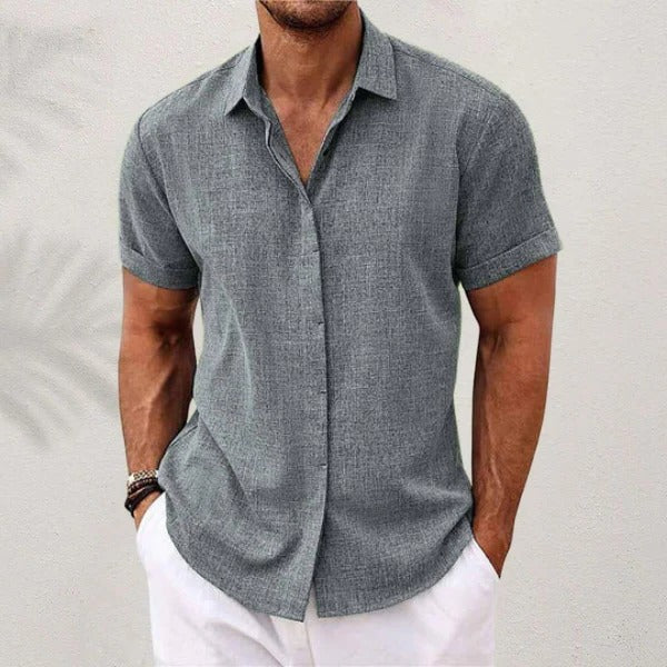 Linen Shirt for Men with Short Sleeves and Open Collar, Lightweight Breathable Fabric