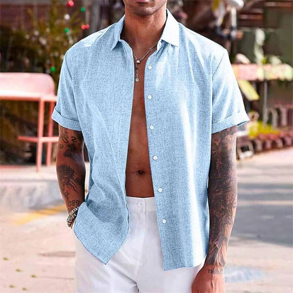 Linen Shirt for Men with Short Sleeves and Open Collar, Lightweight Breathable Fabric