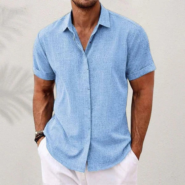 Linen Shirt for Men with Short Sleeves and Open Collar, Lightweight Breathable Fabric