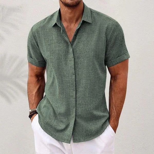 Linen Shirt for Men with Short Sleeves and Open Collar, Lightweight Breathable Fabric