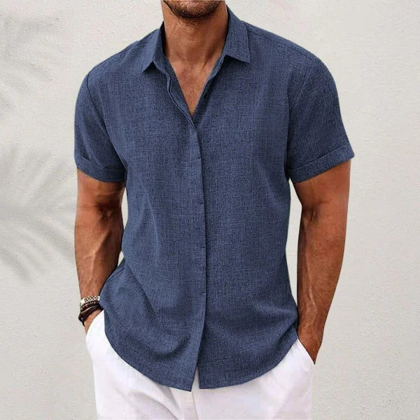 Linen Shirt for Men with Short Sleeves and Open Collar, Lightweight Breathable Fabric
