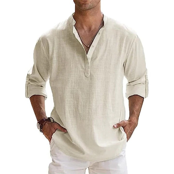 Henley Shirt for Men with Lightweight Breathable Knit and Roll-Up Sleeves, Relaxed Fit