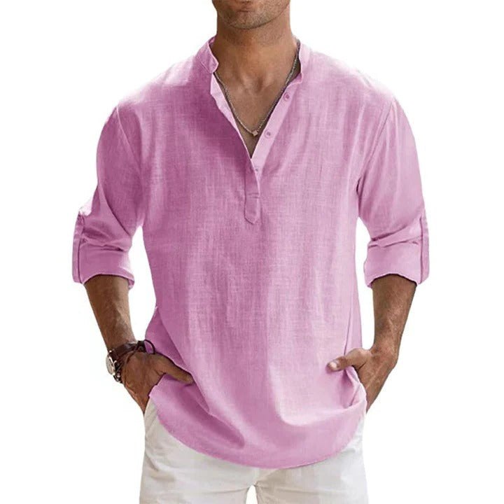 Henley Shirt for Men with Lightweight Breathable Knit and Roll-Up Sleeves, Relaxed Fit
