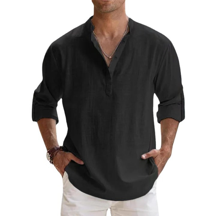 Henley Shirt for Men with Lightweight Breathable Knit and Roll-Up Sleeves, Relaxed Fit