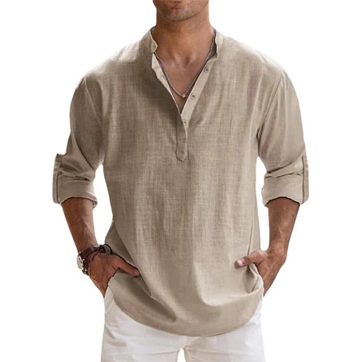Henley Shirt for Men with Lightweight Breathable Knit and Roll-Up Sleeves, Relaxed Fit