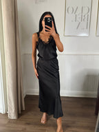 Black Satin Camisole with Lace Trim and Adjustable Straps