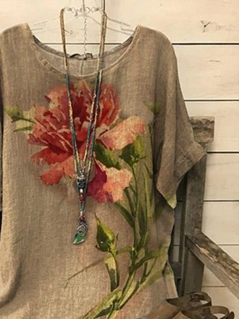 Floral Blouse with Round Neck and Short Sleeves, Lightweight Relaxed Fit
