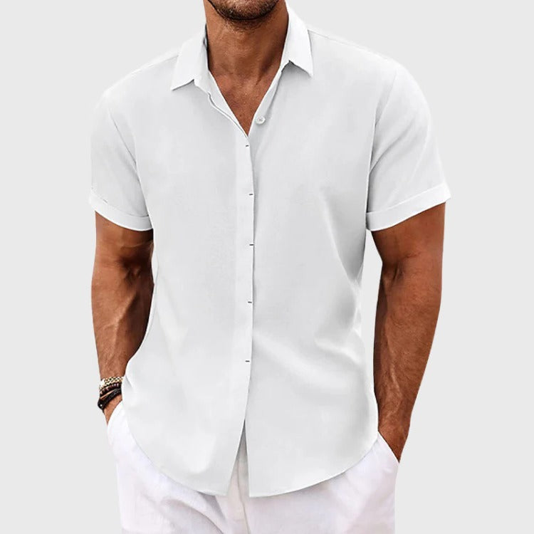 Linen Shirt for Men with Short Sleeves and Open Collar, Lightweight Breathable Fabric