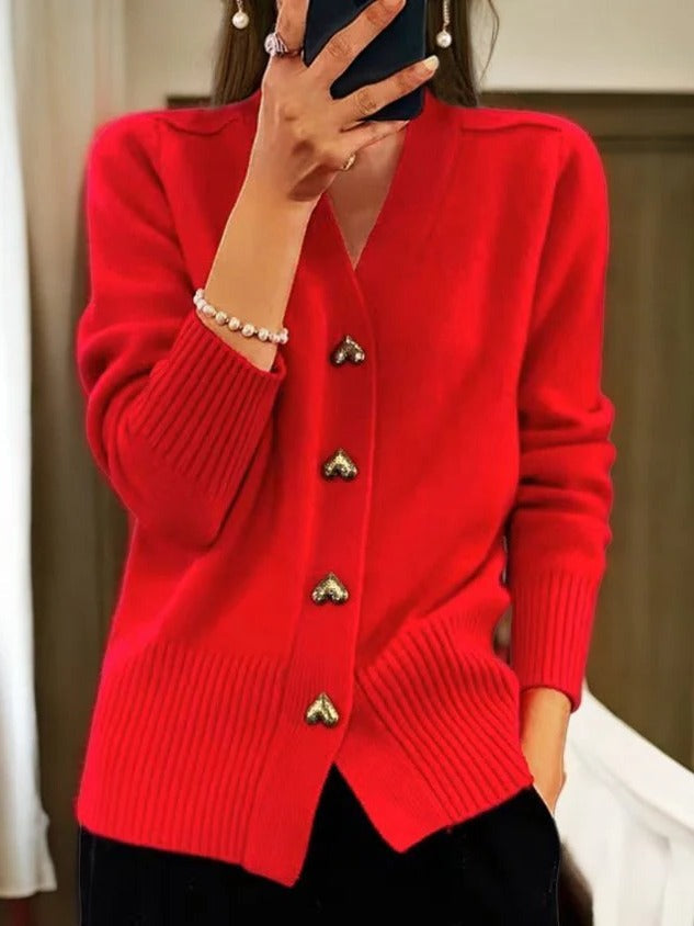 Knit Cardigan for Women with Heart Buttons and Ribbed Cuffs, Lightweight Regular Fit