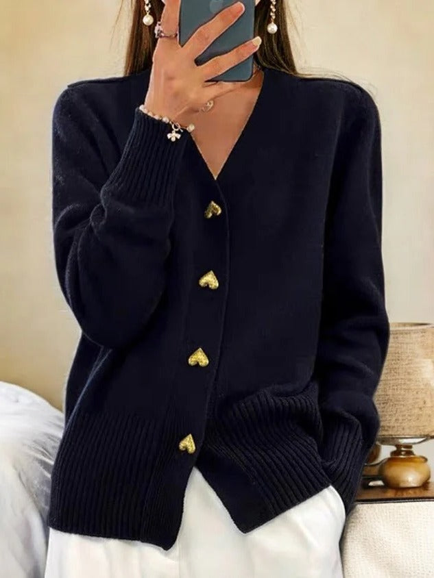 Knit Cardigan for Women with Heart Buttons and Ribbed Cuffs, Lightweight Regular Fit