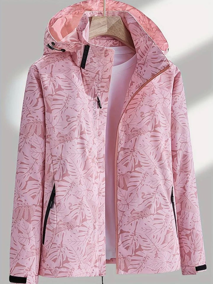 Waterproof Jacket for Women with Adjustable Hood and Front Zip, Lightweight Regular Fit