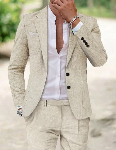 Summer Suit for Men with Breathable Fabric and Relaxed Jacket, Flat-Front Trousers