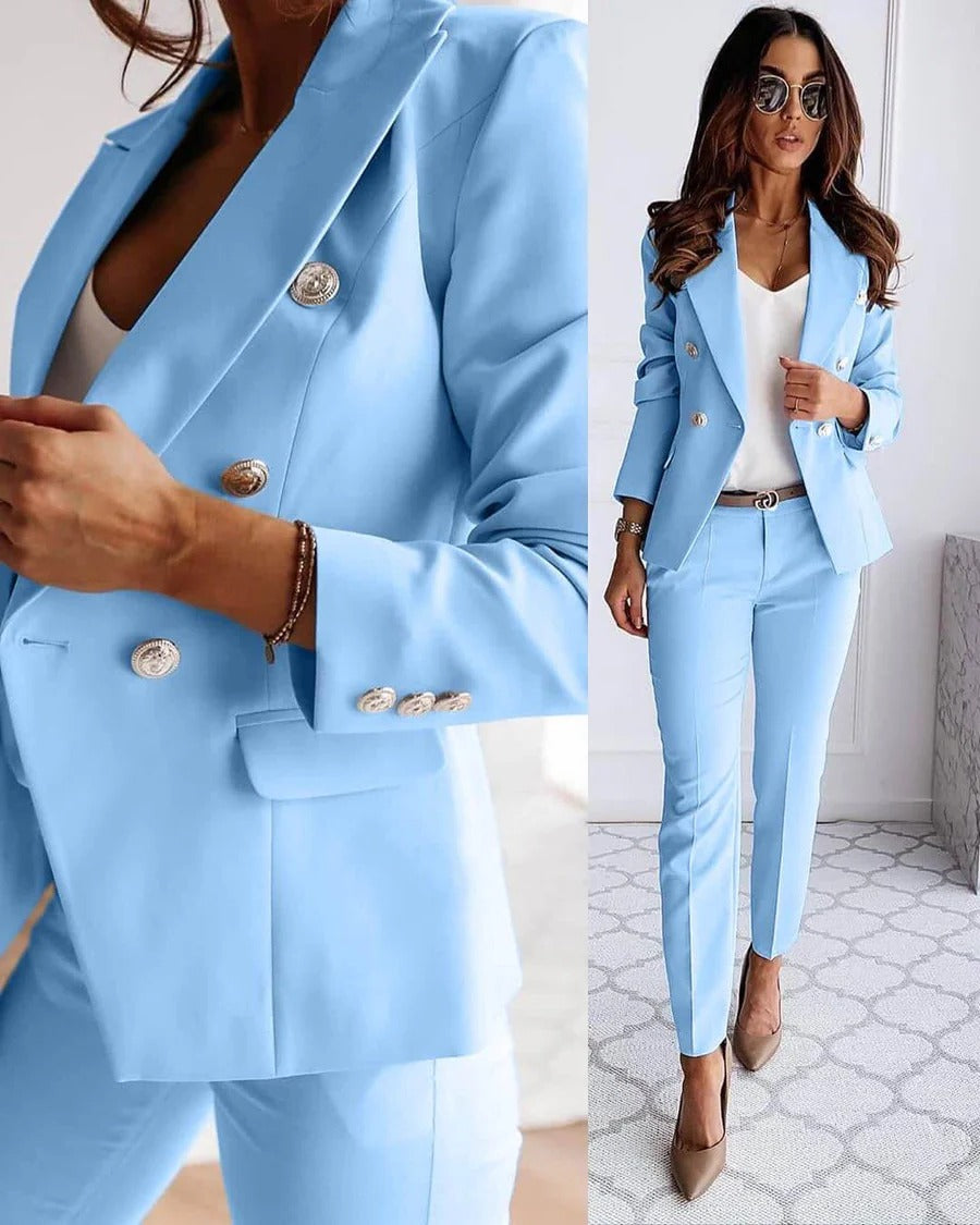 Women's Blazer Set with Tailored Fit and Matching Trousers, Year-Round Formal Wear