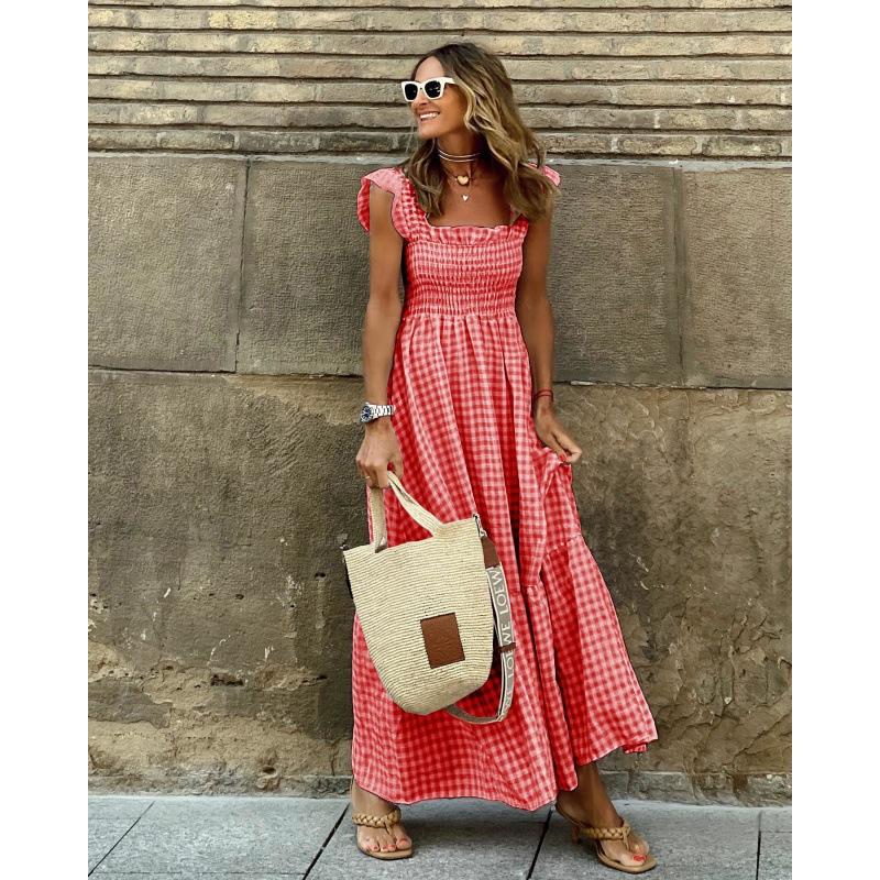 Breathable Cotton Blend Smocked Tiered Maxi Dress with Gingham Pattern