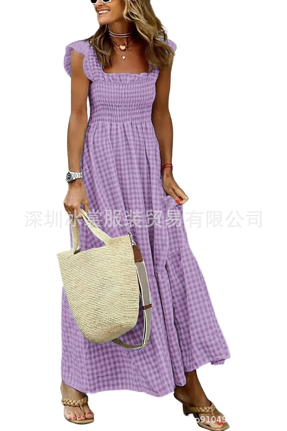 Breathable Cotton Blend Smocked Tiered Maxi Dress with Gingham Pattern