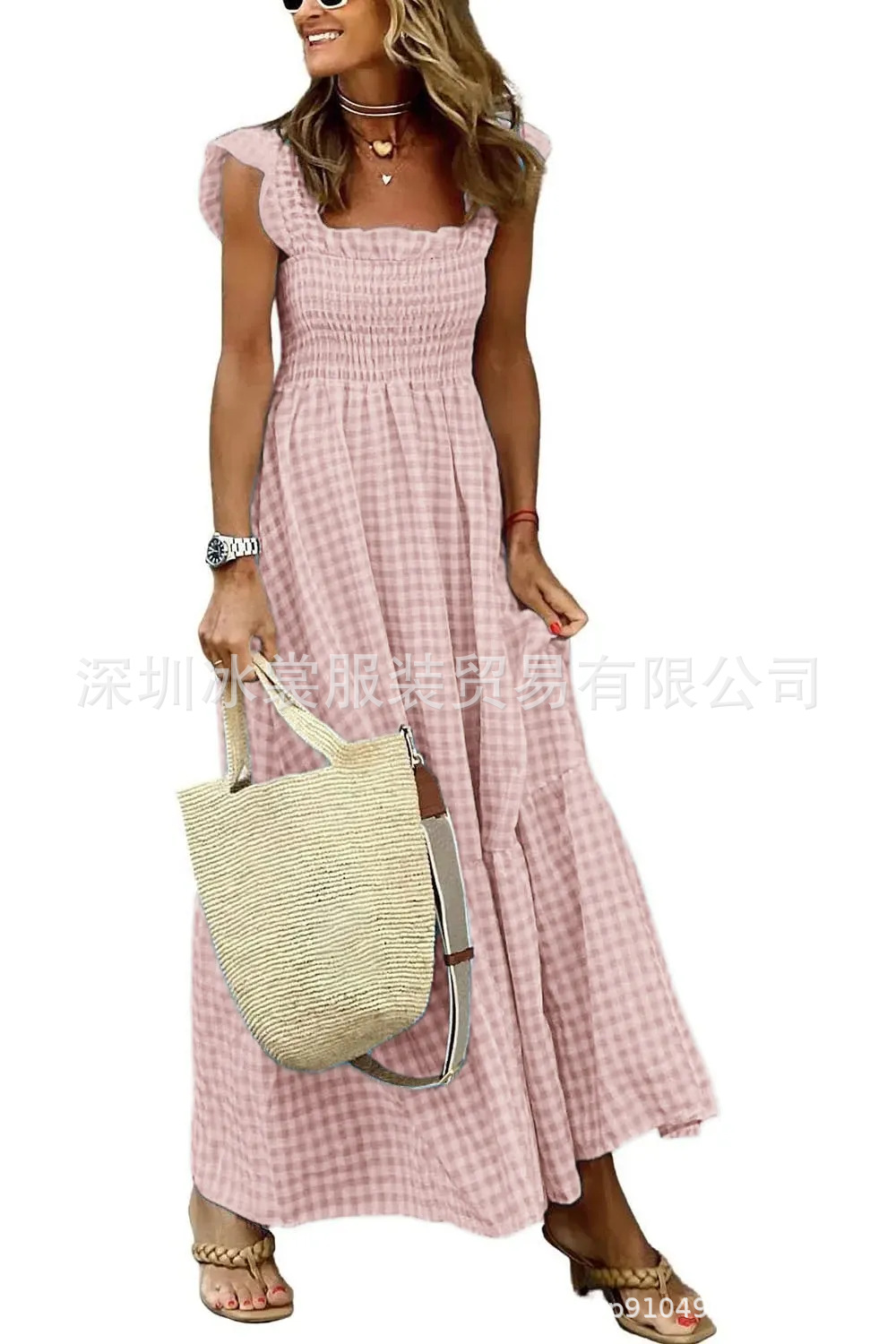 Breathable Cotton Blend Smocked Tiered Maxi Dress with Gingham Pattern